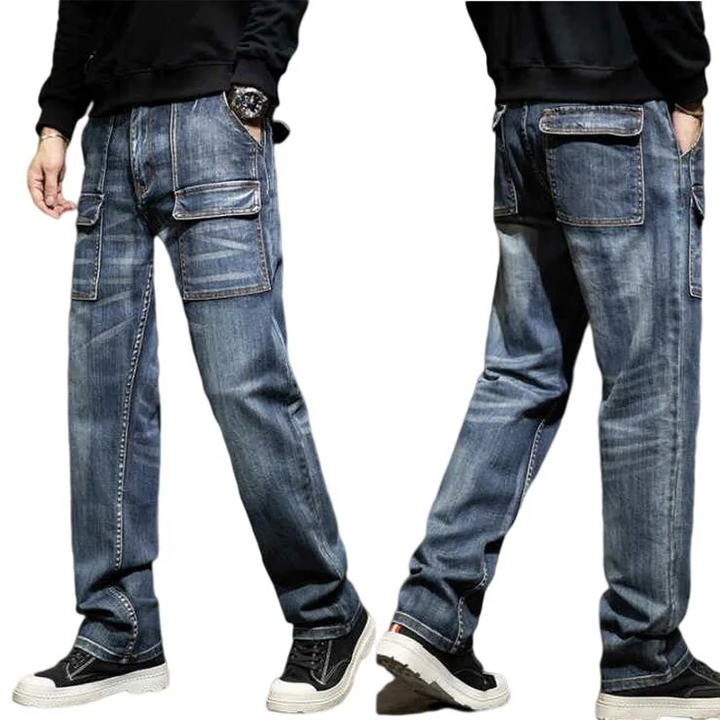 Top Trends: Men Loose Jeans Straight Cargo Trousers Casual Big Pocket Baggy Jeans Mens Retro Cowboy Pants Size 29-44 Shoppable Styles