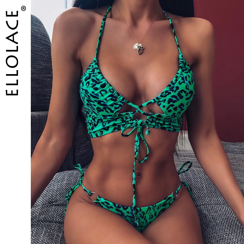 Top Trends: Ellolace Animal Bikini Push Up Swimwear Women Leopard Female Bandage Sexy Swimwear Women Monokini Halter Backless Bathing Suit Shoppable Styles