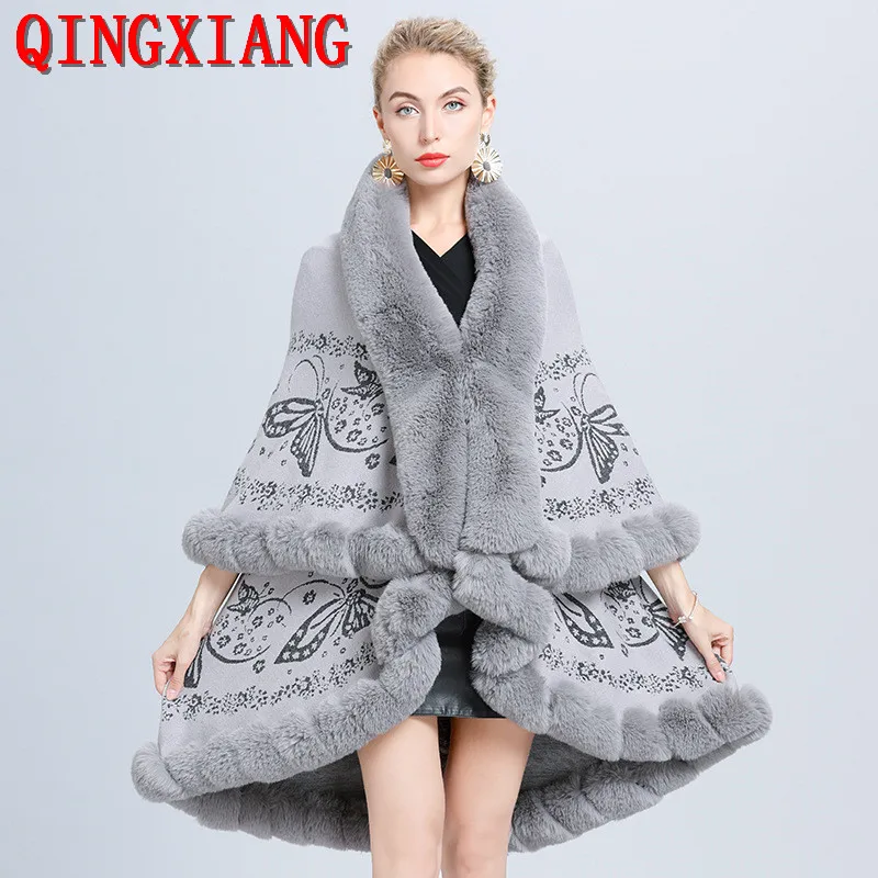 Top Trends: 4 Colors Winter Warm 2 Layers Jacquard Weave Thick Poncho Cape Women Long Loose Cloak Faux Fur Cardigan Streetwear Shawl Coat Shoppable Styles