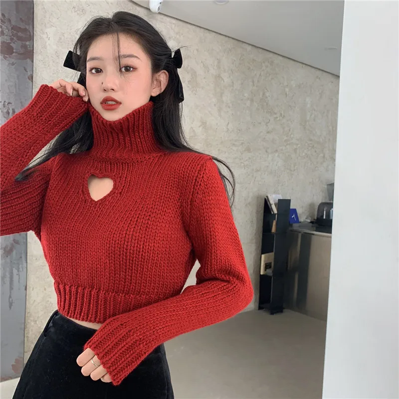 Top Trends: Women's Turtleneck Cropped Sweater Hollow Out Heart Sweater Sweet Solid Long Sleeve Pullover Women's Knitted Short Sweater Sweet Shoppable Styles