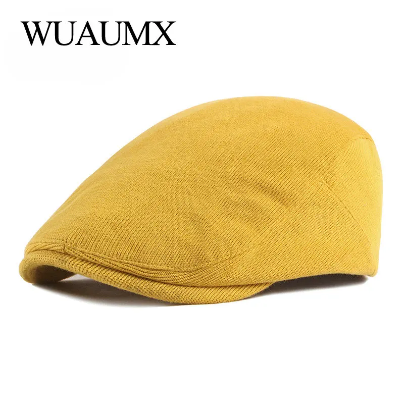 Top Trends: Spring Autumn Berets Hat Men Knitting Visor Cap Casual Fashion Women Beret Solid Yellow Blue Peaked Flat Cap Duckbill Hat Shoppable Styles