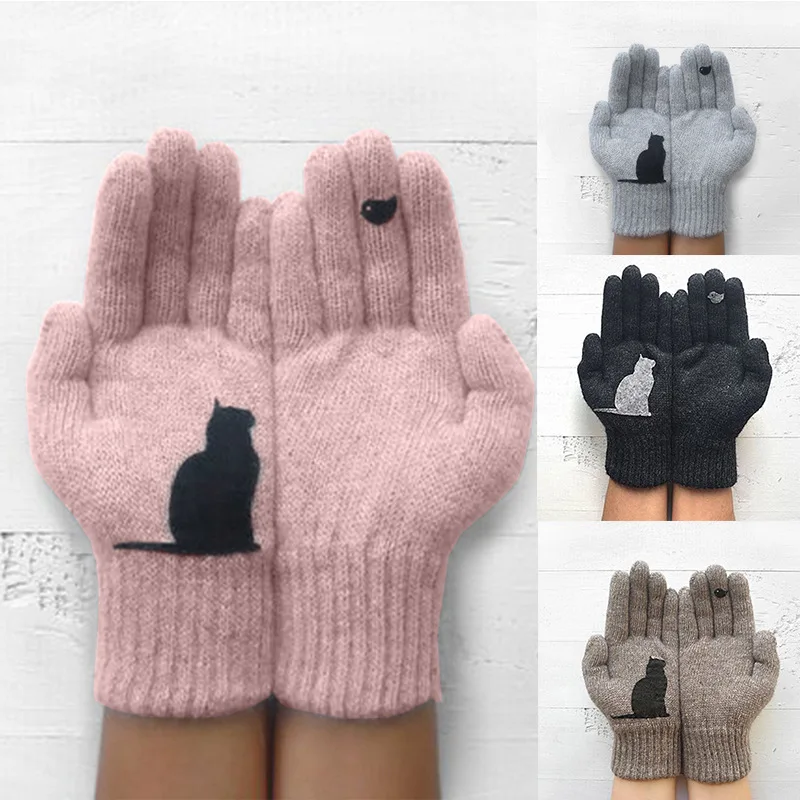 Top Trends: Winter Gloves For Men Women Teens Cute Cat And Bird Printed Thermal Knitted Gloves, Windproof Winter Warm Mittens Glove Soft Shoppable Styles