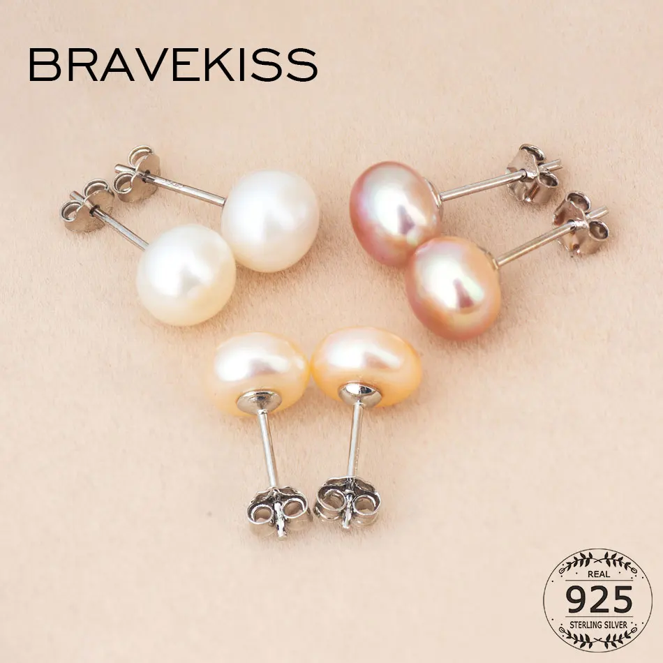 Top Trends: BRAVEKISS Natural Freshwater Pearl Earrings 925 Sterling Silver Stud Earrings For Women Elegant Stud Pink Simple Jewelry BAE0003 Shoppable Styles