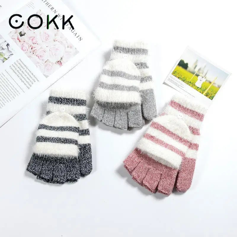 Top Trends: COKK Women Fingerless Gloves Cute Faux Rabbit Fur Stripe Knitted Gloves Female Winter Knitting Warmer Wrist Hand Gloves Mitten Shoppable Styles