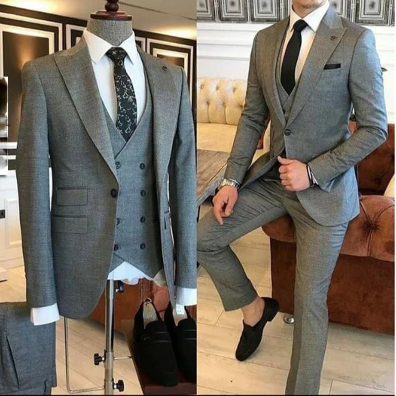 Top Trends: Groom Wear 3 Pieces Gray Men Suits 2021 Slim Fit Peak Lapel One Button Tailor Made Terno Masculino (Jacket+ Pants+ Vest+ Tie） Shoppable Styles