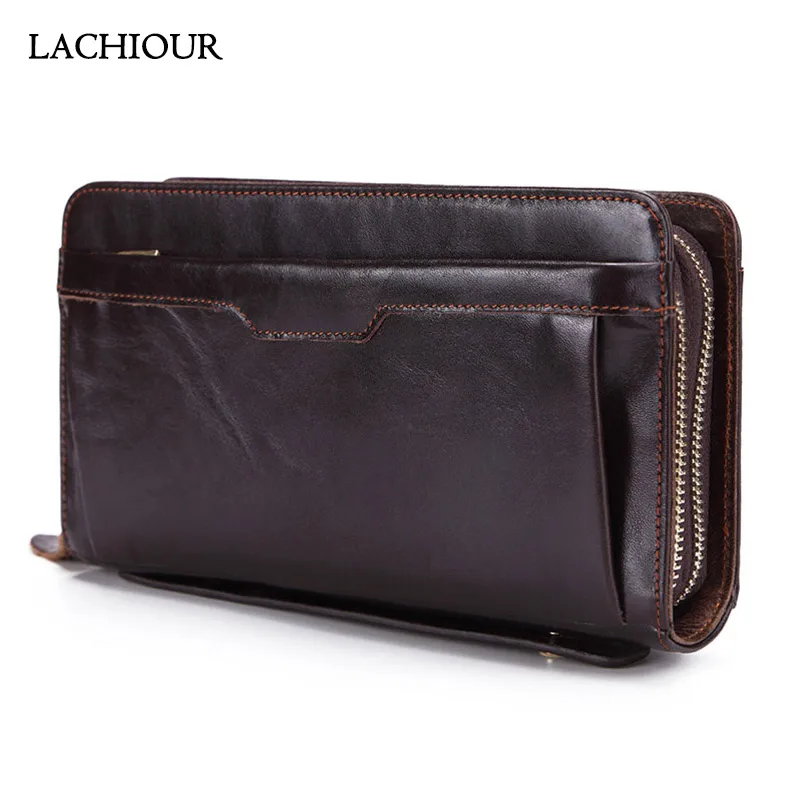 Top Trends: Lachiour Men Genuine Leather Clutch Bag Wallet Male Long Double Zipper Purse Coin Men&#039;s Phone Bag For Card Holder Case Shoppable Styles