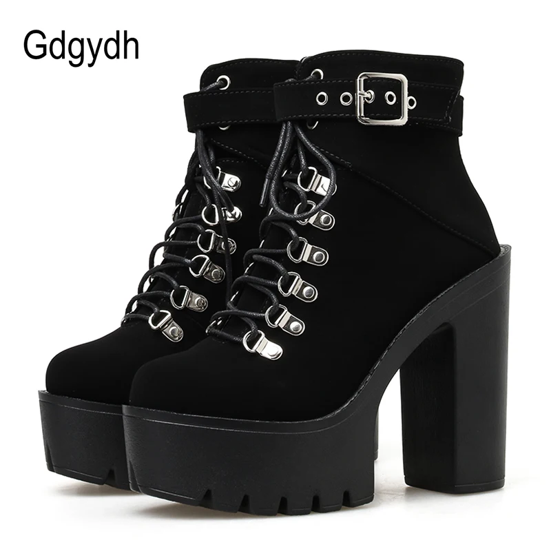 Top Trends: Gdgydh Lace Up Women Boots Platform Buckle Boot Winter Shoes Thick Heel Autmn Boots With Zipper Ankle Strap Black Suede Gothic Shoppable Styles