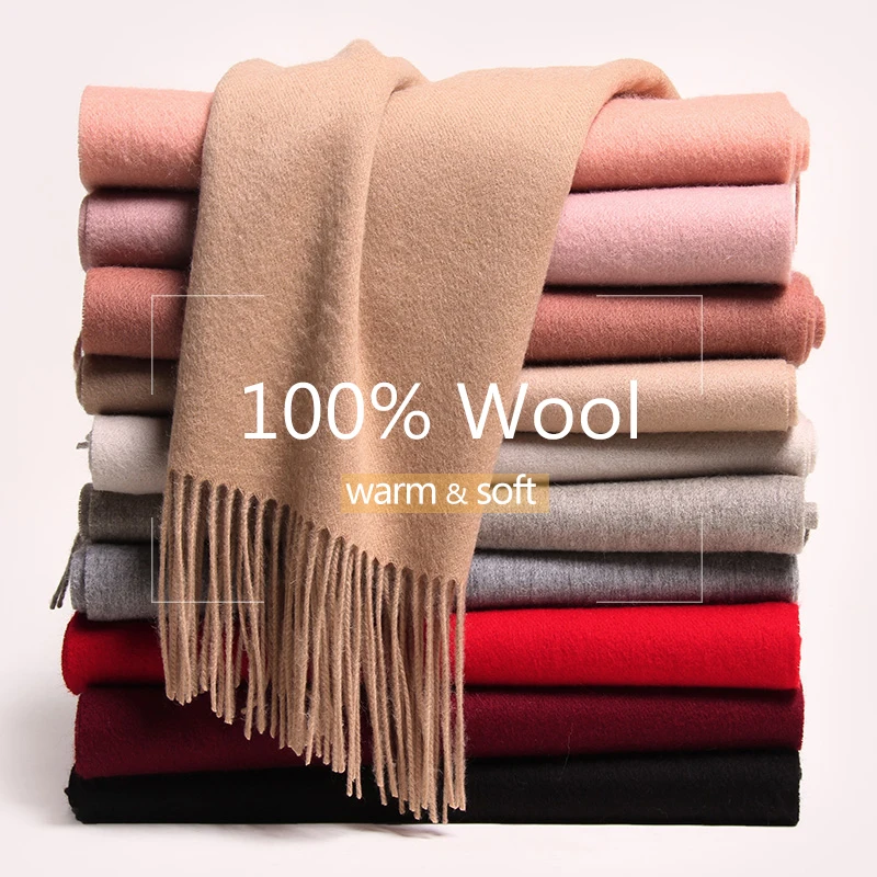 Top Trends: 100% Wool Scarf For Women Solid Shawls Wraps For Ladies Long Warm Pashmina Scarf Tassel Cashmere Scarves Winter Foulard Femme Shoppable Styles