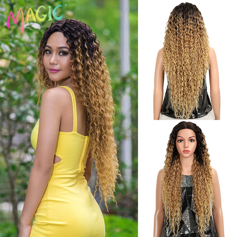 Top Trends: Magic Synthetic Lace Wig Kinky Curly Wigs Omber Blonde High Temperature Fiber Curly Hair Wigs For Black Women Cosplay Shoppable Styles