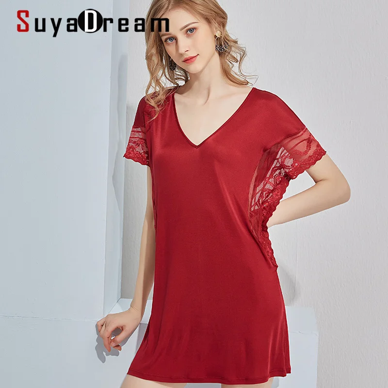 Top Trends: SuyaDream Women Silk Sleepdress Natural Silk And Lace Black Wine Sexy Mini Dresses 2021 Summer Nightgowns Shoppable Styles