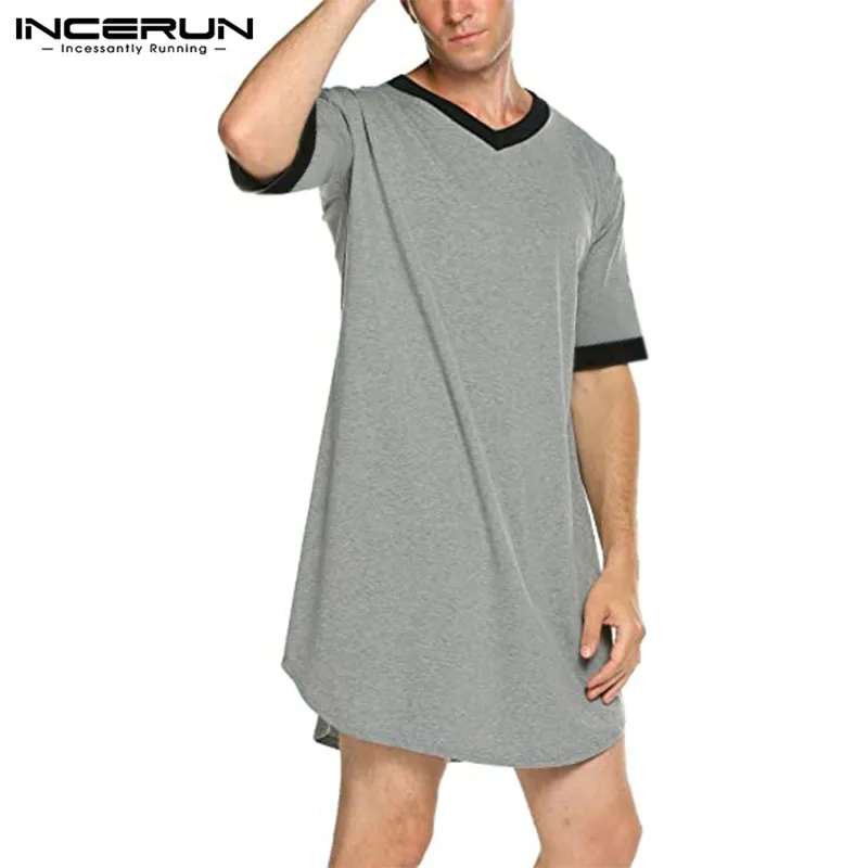 Top Trends: INCERUN Mens Nightgown Fashion Patchwork Sleep Robe Solid Color Sleepwear Man Short Sleeve Bathrobe Loose V Neck Nightwear S-5XL Shoppable Styles