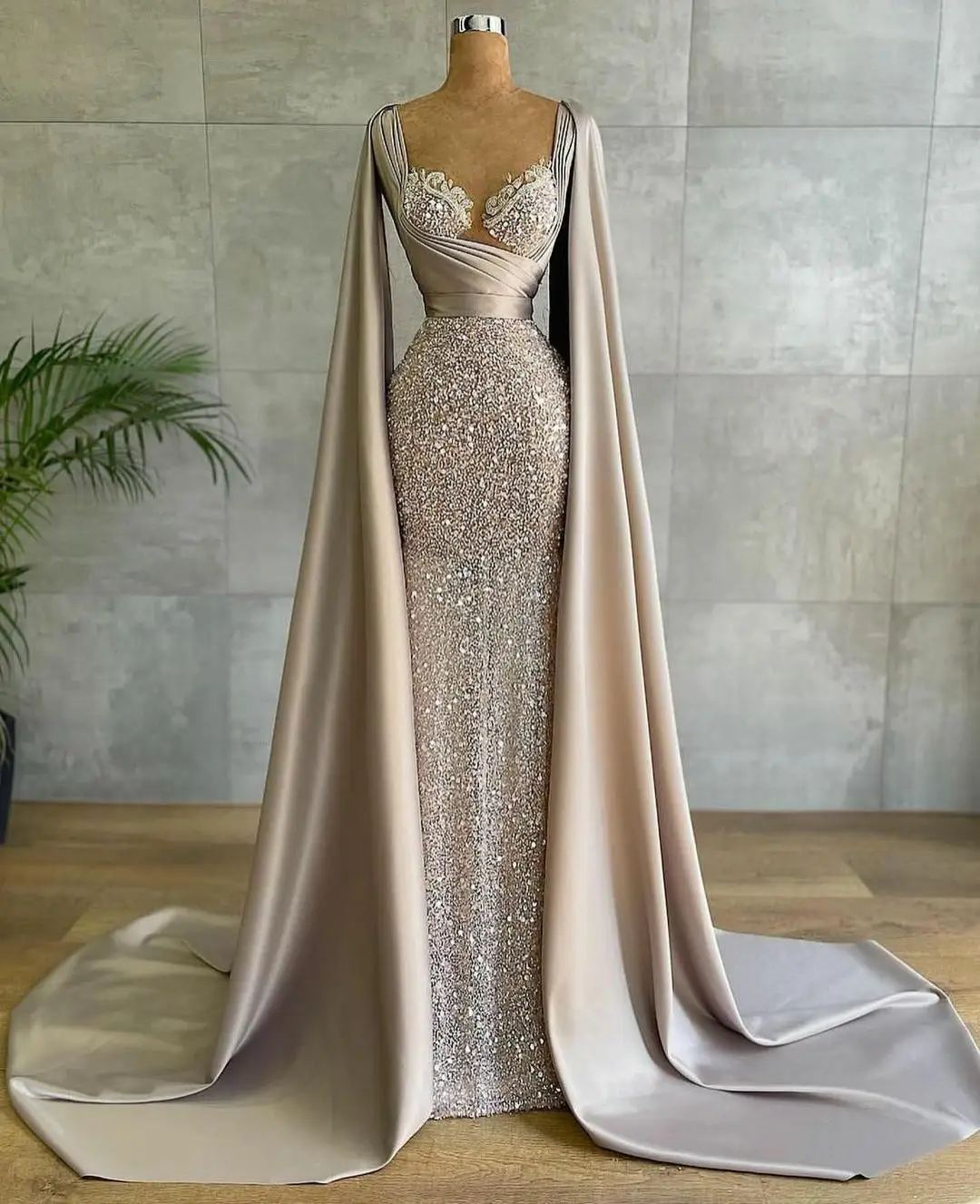 Top Trends: Arabic Glitter Sequined Evening Dresses With Cape Ruched Lace Sweetheart Prom Party Formal Women Gowns Robe De Soirée De Mariage Shoppable Styles