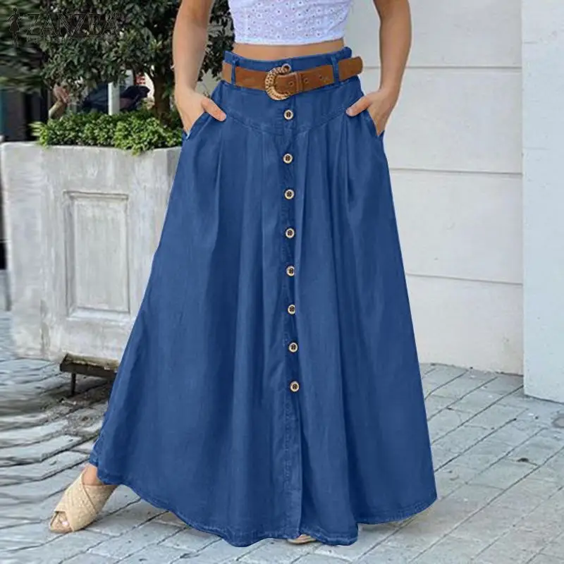 Top Trends: Fashion Button Maxi Skirts 2023 ZANZEA Women Summer Sundress Casual High Waist Long Vestidos Female Solid Robe Femme Shoppable Styles