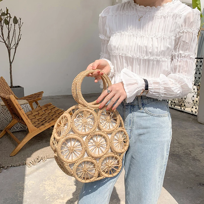 Top Trends: Fashion Rattan Hollow Round Straw Bags Wicker Woven Women Handbags Summer Beach Shoulder Crossbody Bags Casual Lady Bali Purses Shoppable Styles