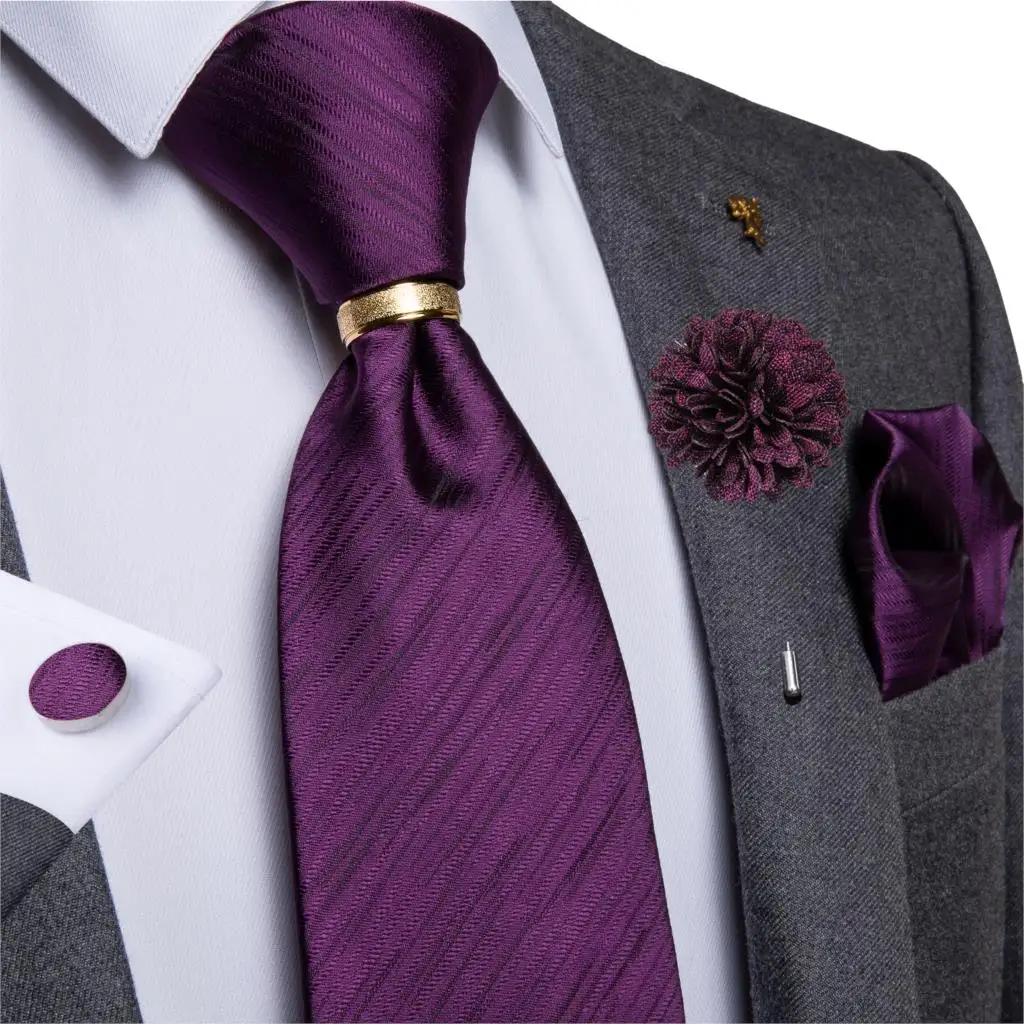 Top Trends: Purple Solid Necktie 100% Silk Ties For Men Pocket Square Cufflinks Brooch Set Business Wedding Party Cravat Tie Ring DiBanGu Shoppable Styles