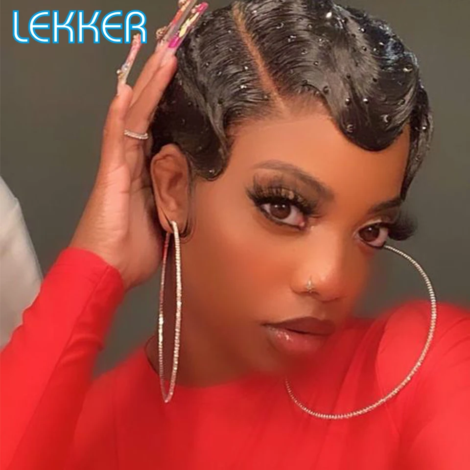 Top Trends: Lekker T Part Lace Front Short Pixie Finger Waves Curly Bob Human Hair Wig For Women Brazilian Remy Natural Colored Glueless Wig Shoppable Styles