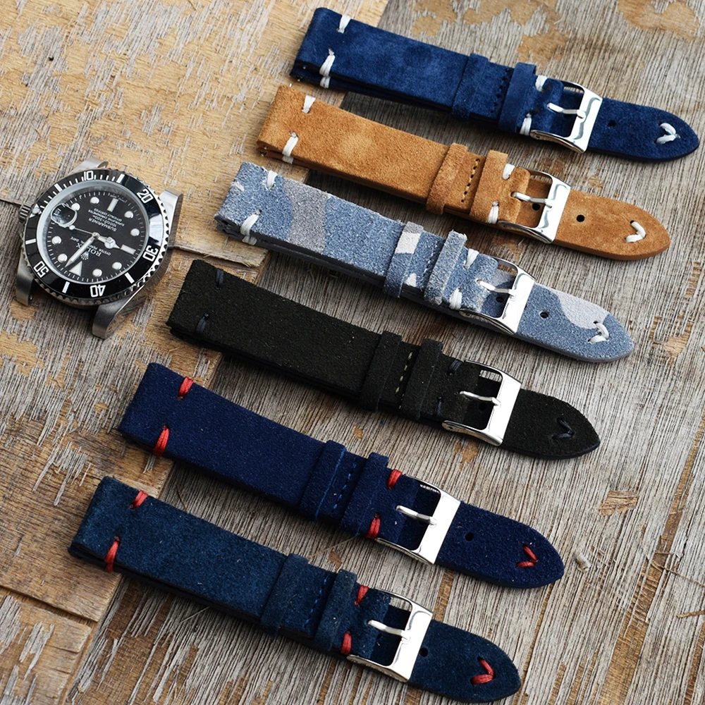 Top Trends: Genuine Suede Leather Vintage Watch Band 18mm 20mm 22mm 24mm Blue Brown Handmade Stitching Watch Strap Replacement Wristband Shoppable Styles