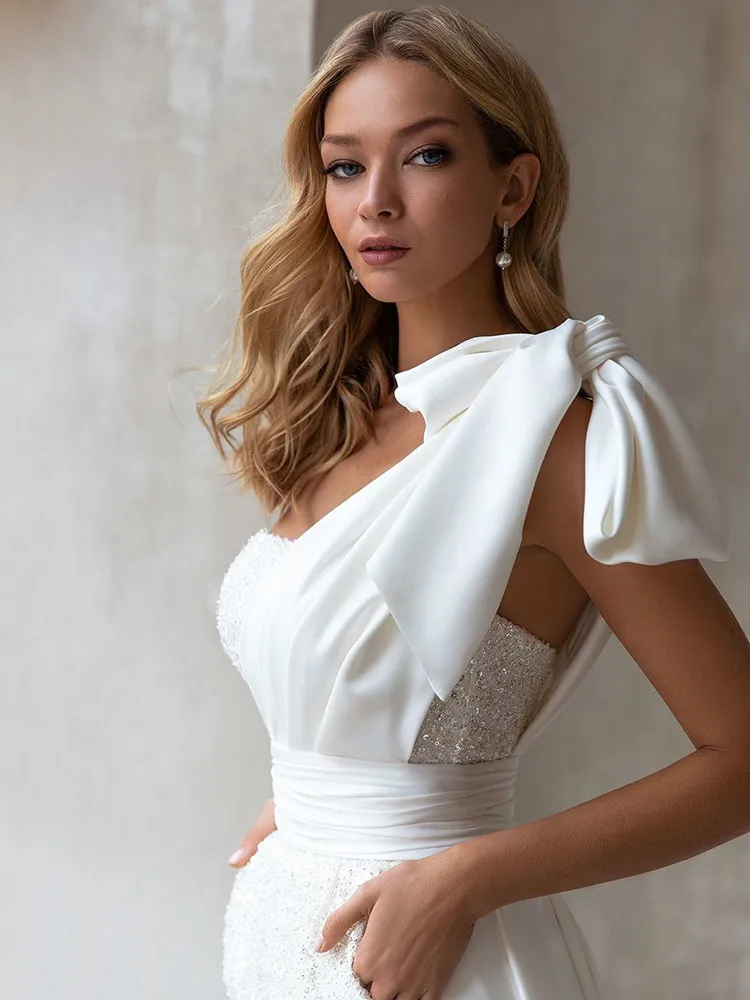 Top Trends: Elegant Short Jumpsuit Wedding Dress Stain Long Sweep Train Sexy One Bow Shoulder Waisted Backless Bridal Gown Vestido De Noiva Shoppable Styles - Image 3