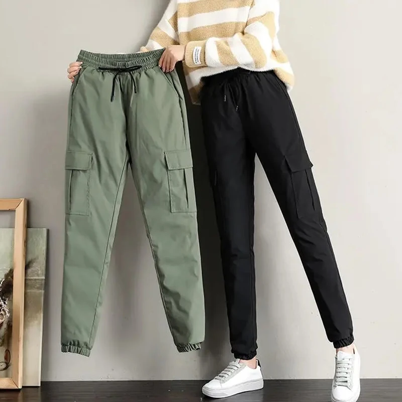 Top Trends: Winter Warm Straight Pants Women Autumn Winter Warm Down Trousers Outside Wearing Leggings Elastic Waist Drawstring Sweatpants Shoppable Styles