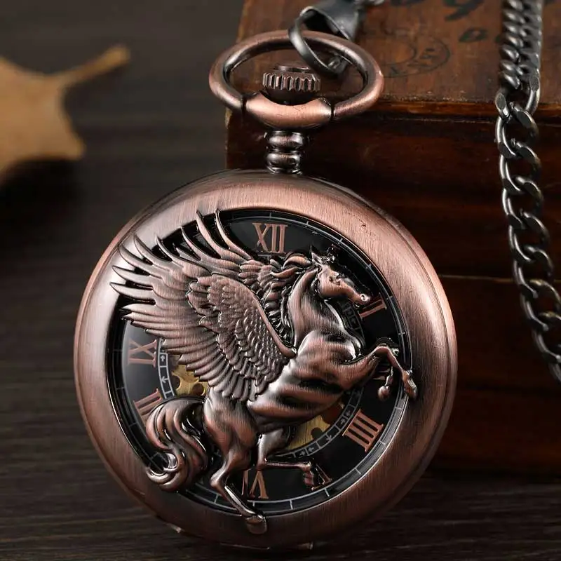 Top Trends: Vintage Fantasy Pegasus Horse Mechanical Pocket Watch Chains Bronze Hollow Steampunk Skeleton Fob Watches For Men Gifts Reloj Shoppable Styles