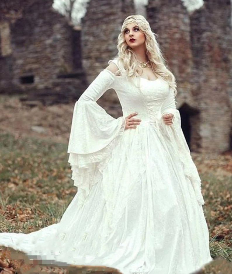 Top Trends: Vintage Gothic White Lace Ball Gown Wedding Dresses With Cloak Plus Size Flare Long Sleeve Celtic Medieval Princess Bridal Dress Shoppable Styles - Image 2