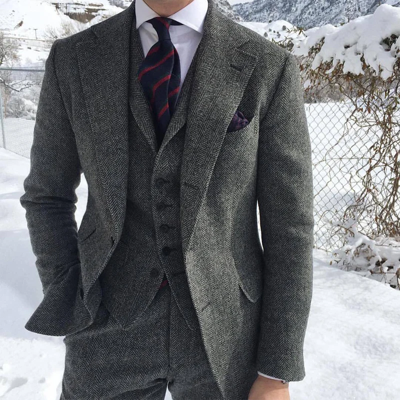 Top Trends: Gray Wool Tweed Winter Men Suit's For Wedding Formal Groom Tuxedo Herringbone Male Fashion 3 Piece Suit (Jacket + Vest + Pants) Shoppable Styles