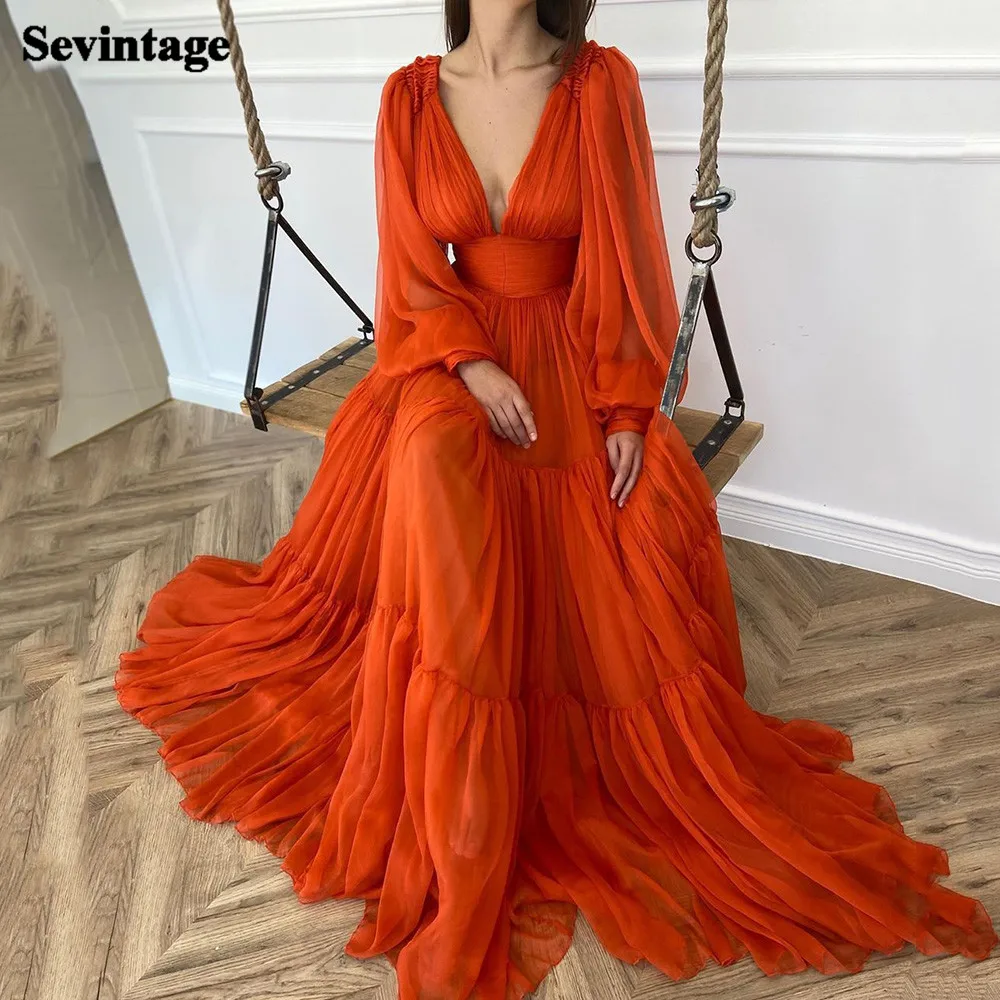 Top Trends: Sevintage Long Puff Sleeves Prom Dresses V-Neck Pleats Chiffon Princess Evening Gowns Women Party Dress Plus Size 2022 Shoppable Styles