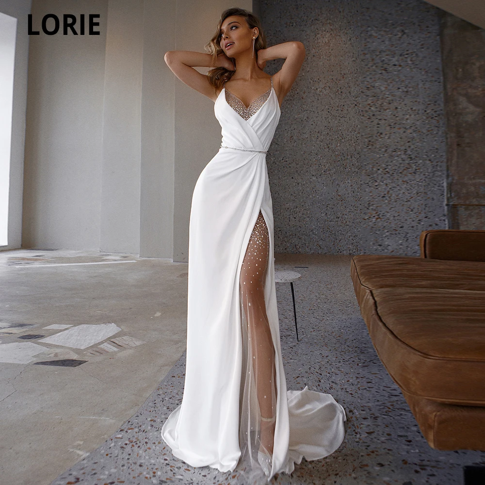 Top Trends: LORIE White Mermaid Wedding Dresses Soft Satin Beach Bridal Gowns V-Neck Spaghetti Straps Luxury Beading Princess Party Gowns Shoppable Styles