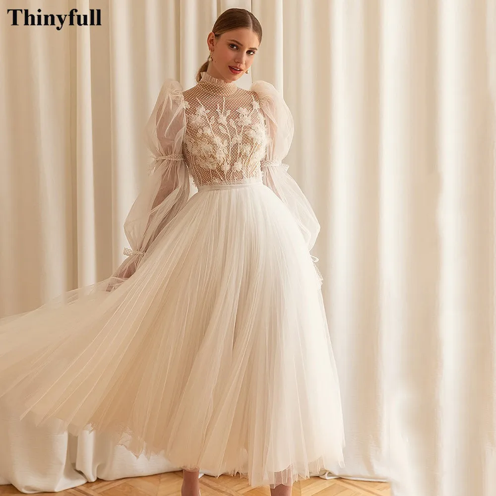 Top Trends: Thinyfull Polka Dots Tulle Midi Wedding Party Dresses Long Sleeves Flowers Bridal Gowns High Neck Tea-Length Bride Wedding Gowns Shoppable Styles