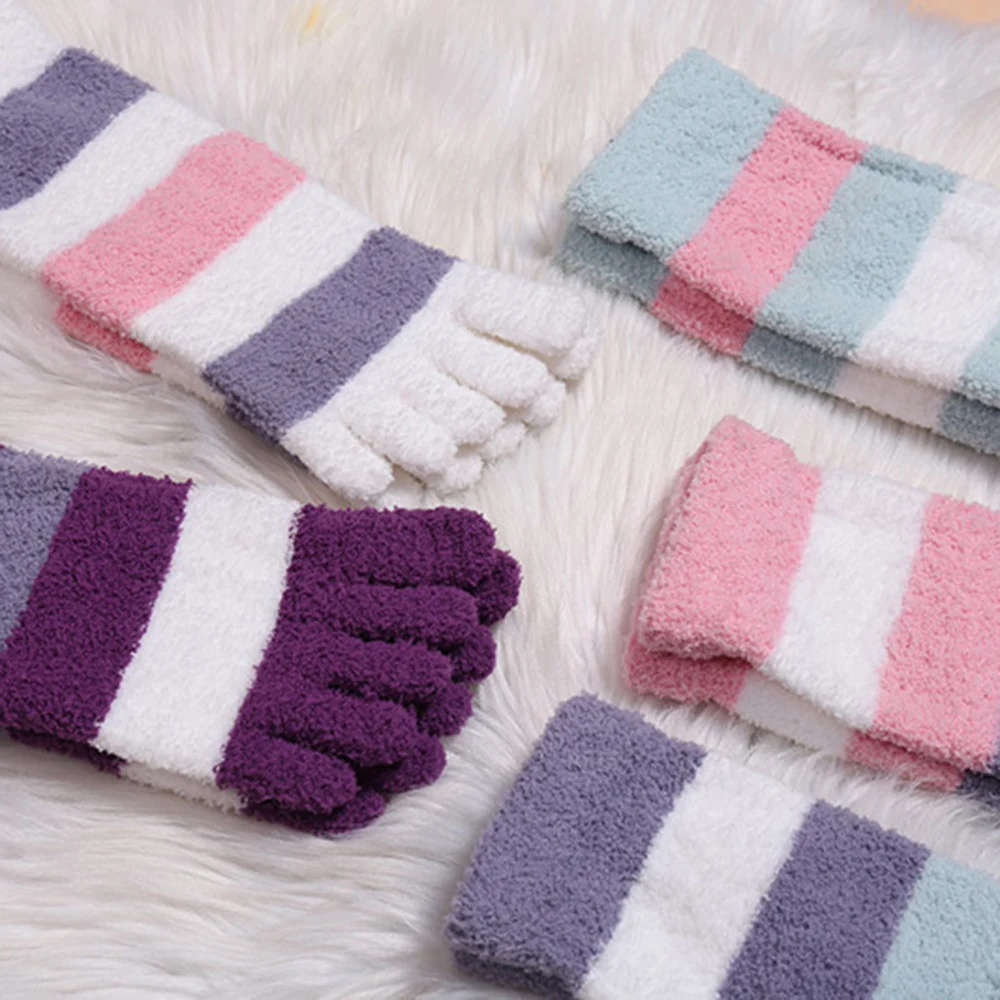 Top Trends: Women's Thick Five Finger Socks Winter Warm Coral Fleece Fluffy Toe Socks Striped Soft Cozy Hosiery Girls Female Floor Slippers Shoppable Styles - Image 5