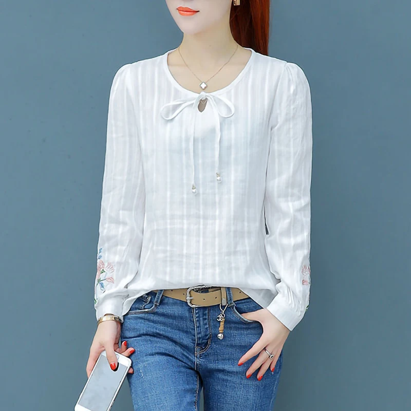 Top Trends: 100% Cotton White Shirt Women Long Sleeve Embroidery Elegant Ladies Office Blouse Plus Size Tops Shoppable Styles