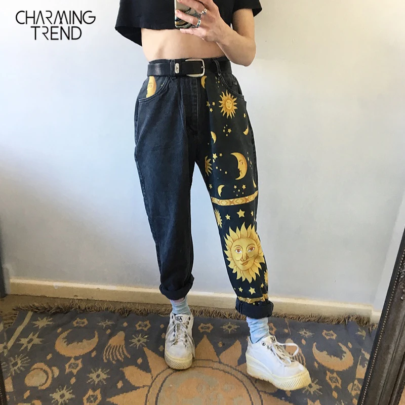 Top Trends: Fashion Sun Star Printed Pants Jeans Women Autumn Black High Waist Young Girls Chic Denim Trousers Woman Cool Boyfriends Jeans Shoppable Styles