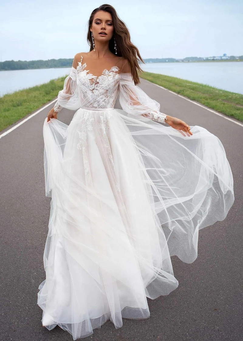 Top Trends: Fivsole Long Puff Sleeves Wedding Dresses Appliques Lace 3D Flowers Off Shoulder Tulle Boho Bride Gown 2021 Vestidos De Novia Shoppable Styles - Image 4