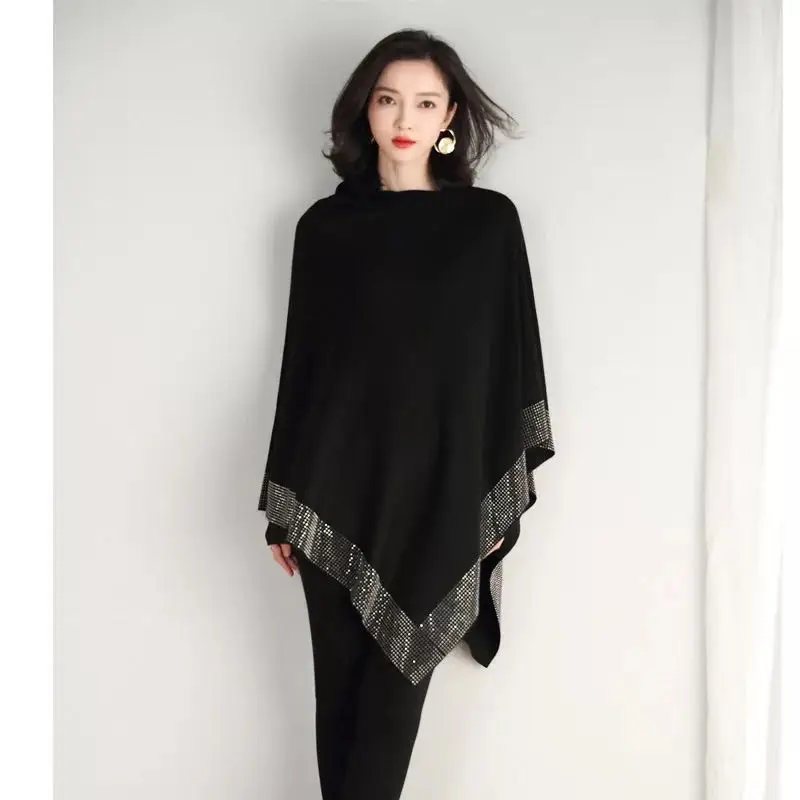 Top Trends: Diamond Luxury Cloak Batwing Cape Pullover Fashion Warm O Neck Loose Cloak Poncho Sweater Wool Knit Shawl Coat 2022 New Spring Shoppable Styles