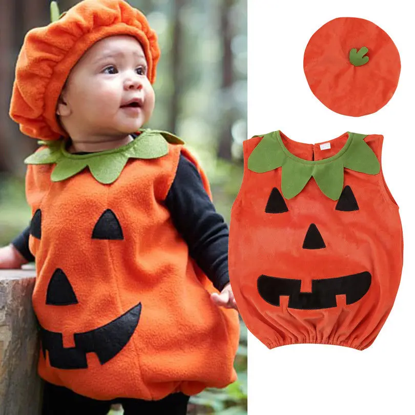 Top Trends: 0-3Y Newly Cosplay Halloween Kid Pumpkin Print Sleeveless Romper Baby Jumpsuits Toddler Tops+ Hats Baby Clothes Costumes Shoppable Styles