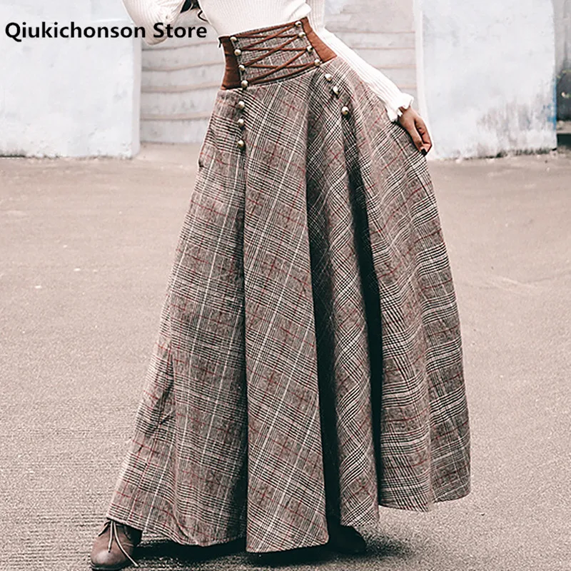 Top Trends: French Chic Vintage High Waisted Button Design Back Lace-Up Corset Skirt Women Autumn Winter Thick A-Line Long Maxi Wool Skirts Shoppable Styles