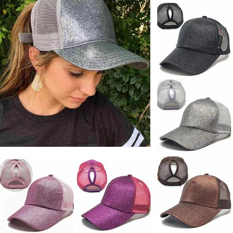 Top Trends: 2021 Glitter Women Baseball Cap Ponytail Mesh Snapback Hat Casual Sport Sun Caps Sequins Shining Washed Cotton Adjustable Hats Shoppable Styles