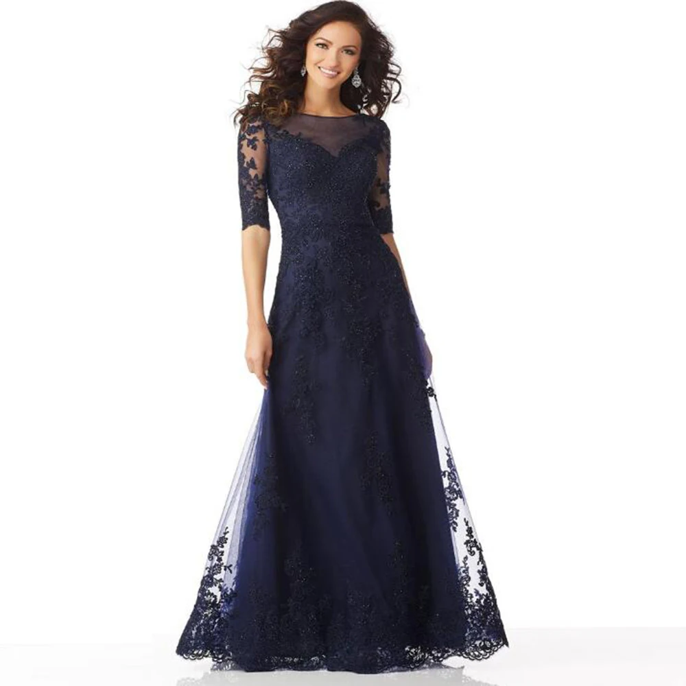 Top Trends: Modern Navy Blue Lace Mermaid Mother Of The Bride Dresses Half Sleeve Illusion Boat Neck Wedding Party Gowns Back Out 2023 Shoppable Styles