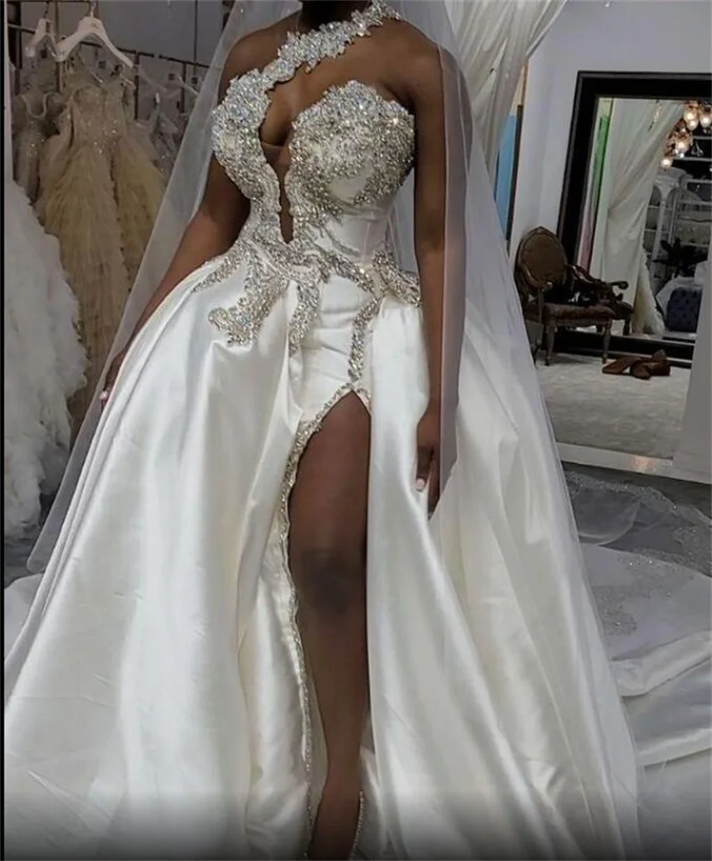 Top Trends: Crystals High Split Wedding Dresses One Shoulder Bridal Gowns Sexy Satin Sweep Train Custom Made Robe De Mariée Shoppable Styles