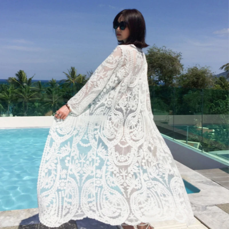 Top Trends: 2022 Dress Beach White Lace Summer Maxi Dress Women Long Sleeve Beach Cover Up Sexy See Through Boho Bikini Beachwear Cover-ups Shoppable Styles