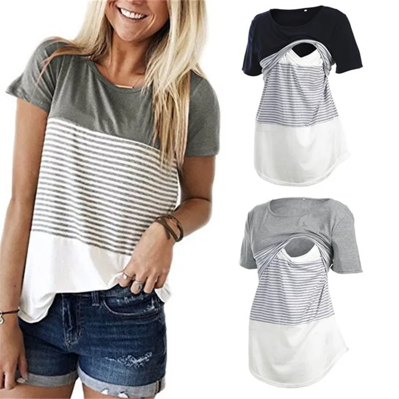 Top Trends: Women Maternity Breastfeeding Tee Nursing Tops Striped Short Sleeve T-shirt Plus Size S-2XL Maternity Clothing Tees Shoppable Styles