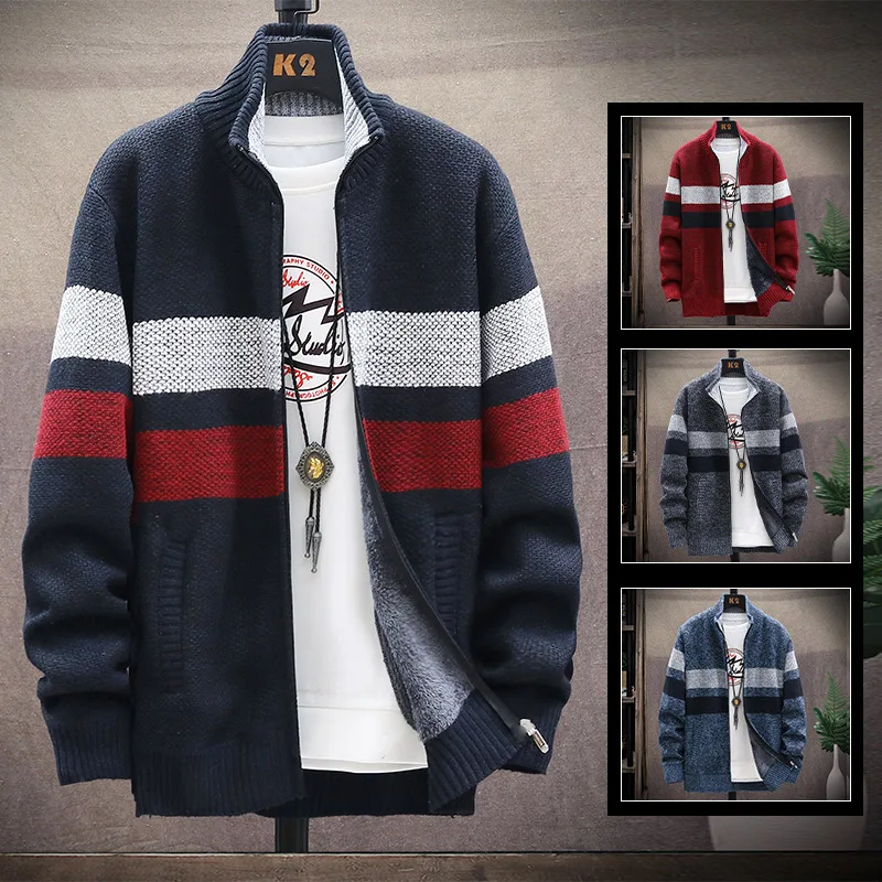 Top Trends: New Man Sweater Cardigan Stripe Zipper Autumn / winter Knit Fleece Warm Wool Fashion Men&#039;s Street Casual Male Jacket Coat Jumper Shoppable Styles