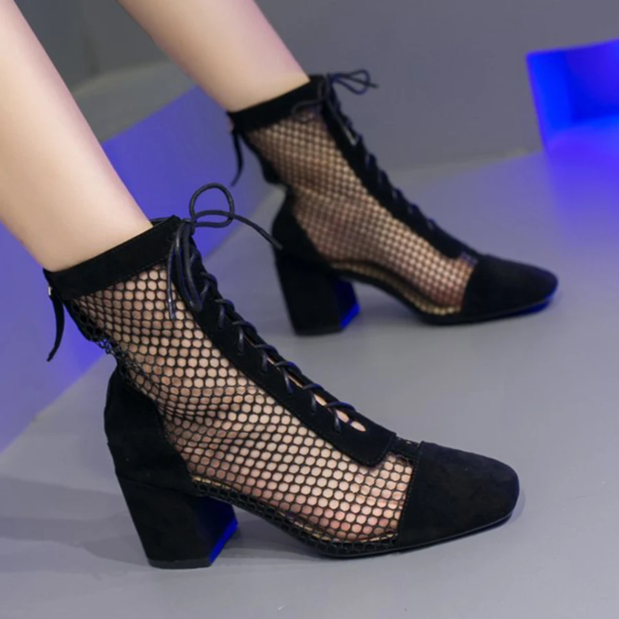 Top Trends: Summer Roman Lace Up Shoes Women Sandals Sexy Mesh Cut-Outs Pointed Toe High Heels Woman Black Kid Suede Ladies Long Short Boots Shoppable Styles