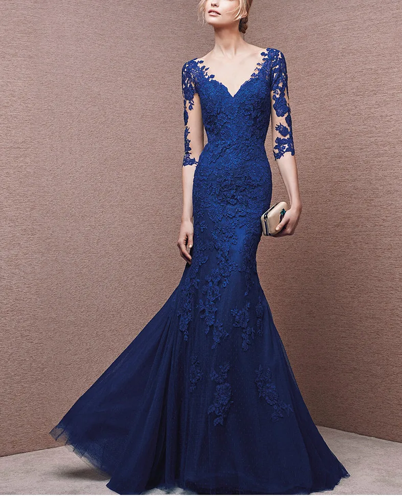 Top Trends: Blue Mother Of The Bride Dresses Mermaid V-neck Half Sleeves Tulle Lace Plus Size Groom Long Mother Dresses For Wedding Shoppable Styles