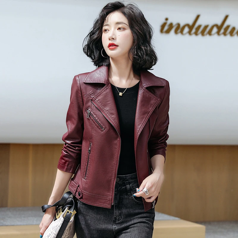 Top Trends: New Women Classic Leather Coat Spring Autumn 2023 Fashion Suit Collar Slim Short Sheepskin Outerwear Biker Leather Jacket Female Shoppable Styles