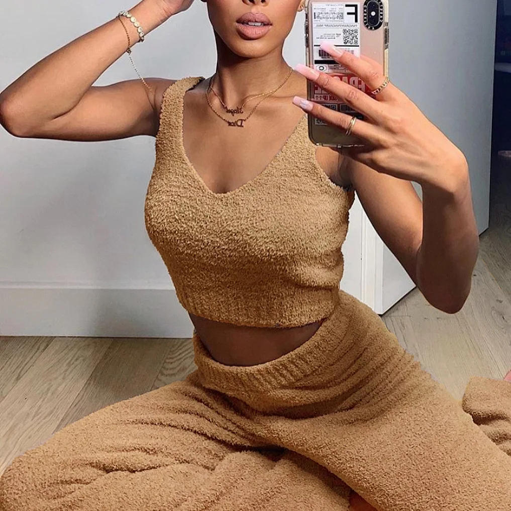 Top Trends: Khaki Fluffy Two Piece Set Lounge Sexy 2 Piece Set Women Sweater Knit Set Tank Top And Pants Casual Homewear Outfits Home Suit Shoppable Styles