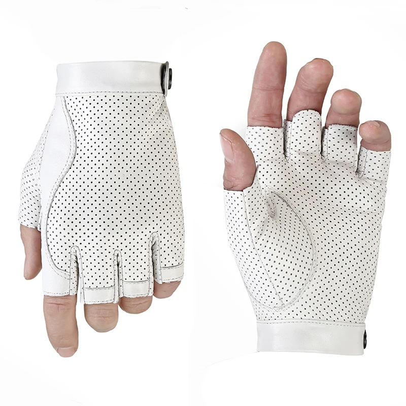 Top Trends: Men White Half Finger Sheepskin Genuine Leather Gloves Summer Autumn Outdoor Fishing Motorcycle Driving Gloves Leather AGC007 Shoppable Styles