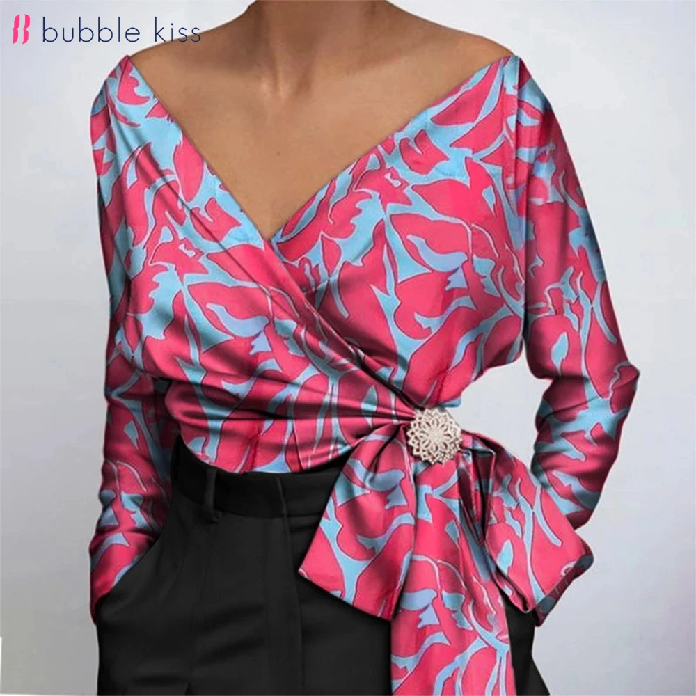 Top Trends: BubbleKiss Satin Blouse Women Fashion Patchwork Print Blouses Sexy Deep V Neck Long Sleeve Belted Tops Elegant Female Shirts Shoppable Styles