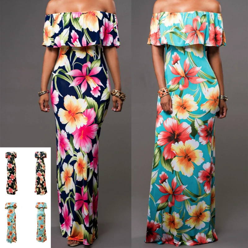 Top Trends: Vintage Off Shoulder Ruffle Maxi Dress Sundress Elegant Women Beach Ladies Strapless Floral Print Long Bodycon Summer Dresses Shoppable Styles