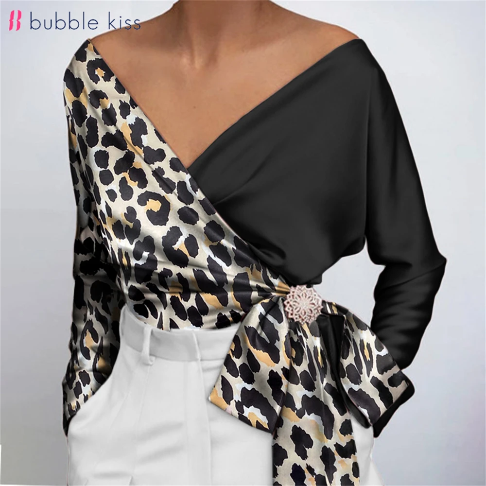 Top Trends: BubbleKiss Satin Blouse Women Fashion Patchwork Print Blouses Sexy Deep V Neck Long Sleeve Belted Tops Elegant Female Shirts Shoppable Styles - Image 6